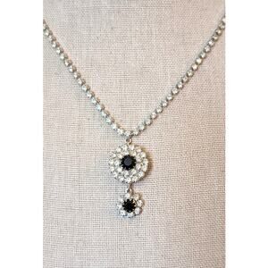 Vintage Black & White Double Drop Pendant Rhinestone Necklace W/ Foldover Clasp